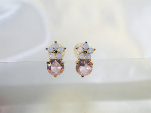 Pink Flower & Zirconia Gold plated Stud Earring