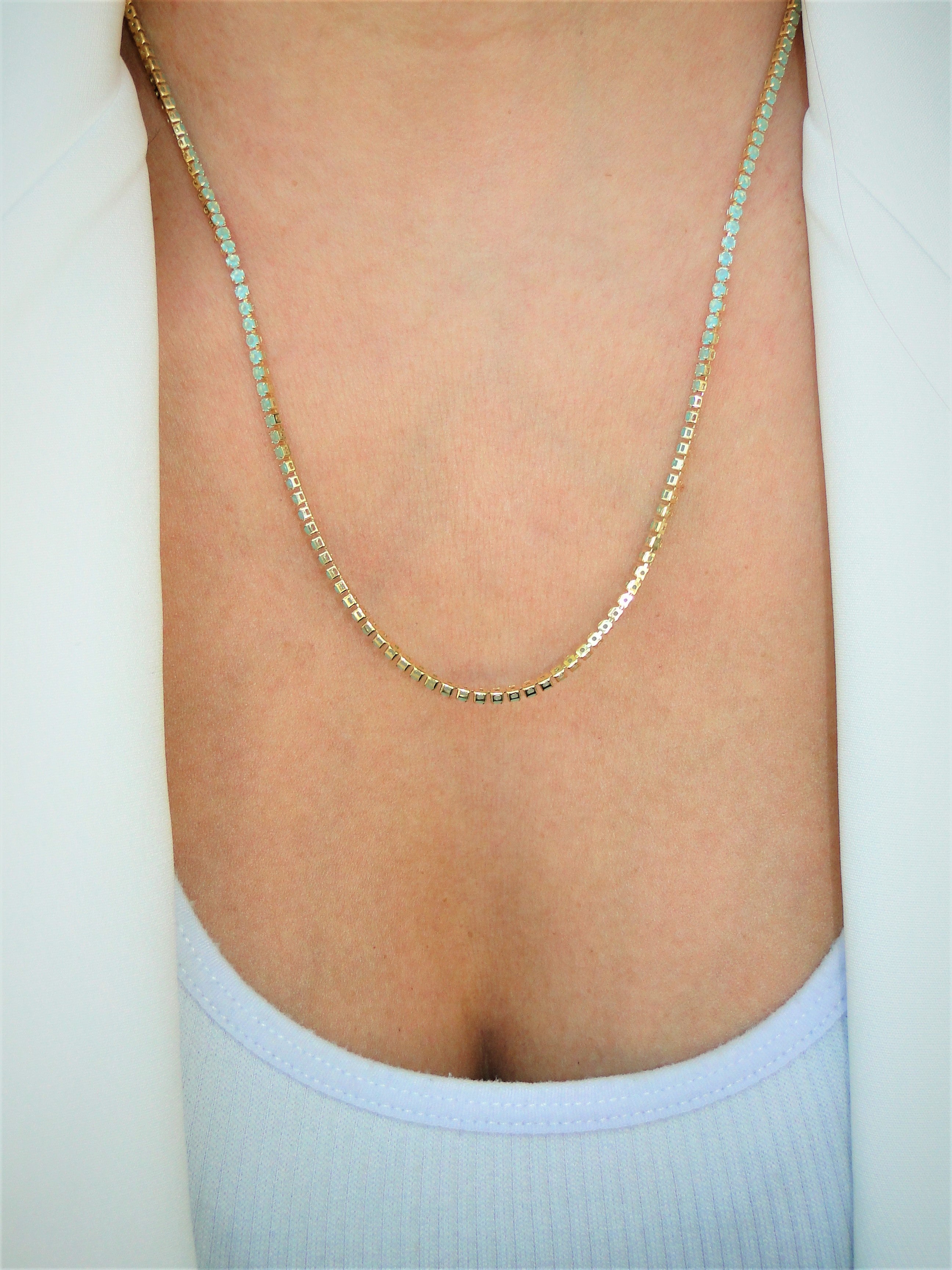 Womens Emerald Diamond Tennis Necklace 18K White Gold 7mm 17